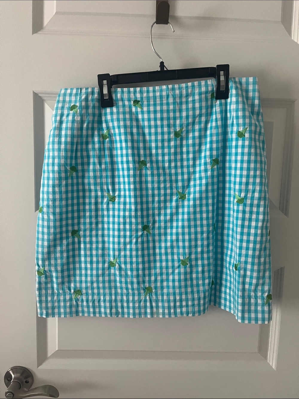 Lilly Pulitzer Turquoise Gingham Mini Skirt with Green Embroidery